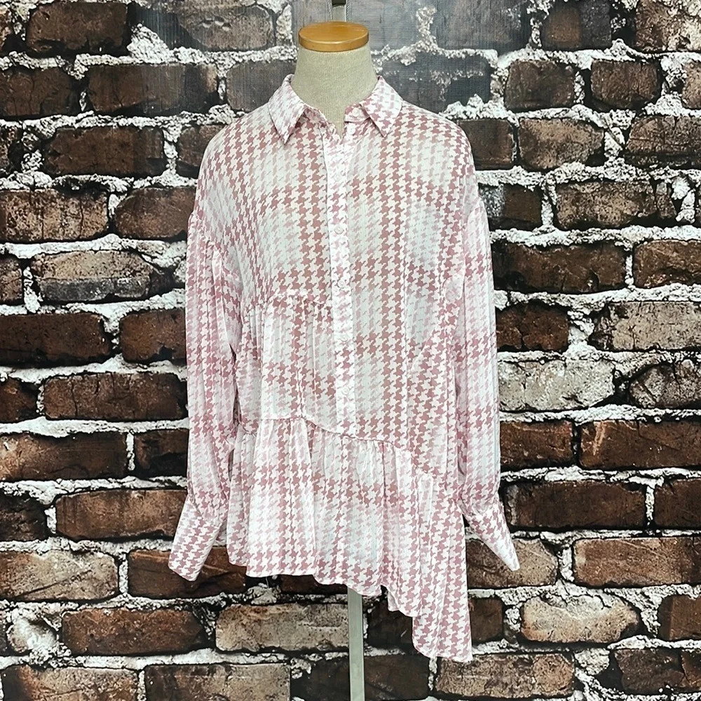 Topshop Blouse Top Tunic NWT Asymmetrical Pink White Houndstooth Size 8